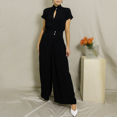 1980’s MANDARIN COLLARED JUMPSUIT WITH MOTHER OF PEARL BUTTONS | BLACK | S